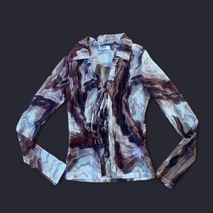 Miss Sixty Brown and Cream Tie-Front Long Sleeve Blouse